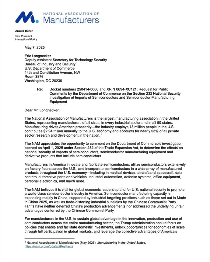 Comments on Section 232 National Security Investigation of Imports of Semiconductors