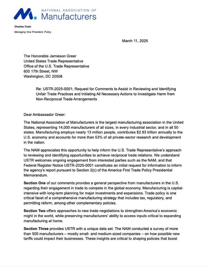 NAM Submission to USTR Reciprocal Tariff FRN March 11 2025