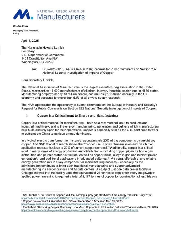 Comments on Section 232 National Security Investigation of Imports of Copper